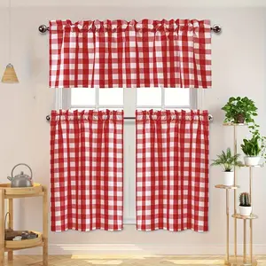 3 Panels Plaid Short Curtain, Holiday Atmosphere Decorative Coffee Curtain for Restaurant Cafe Kitchen Laundry Room Partition Small Curtains