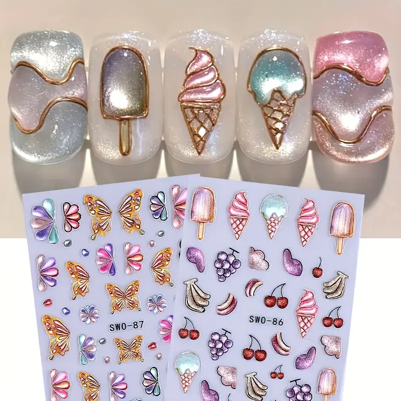 5D Embossed Floral & Fruit Motifs Self-Adhesive Nail Art Decals, 3D Acrylic Nail Care Decoration Accessory for Beauty & Personal Care Needs, 3D Acrylic Nail Art Stickers & Decals