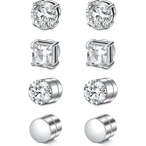 Stud Earrings for Women and Men, 4 Pairs Stainless Steel Cubic Zirconia Non-Piercing Set for Fake Nose or Cartilage Use, Ear Studs, Stainless Steel Studs