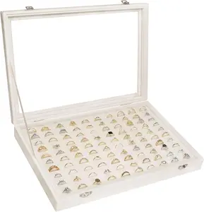 Ring Display Tray Organizer Box with Transparent Lid, 100 Slot Ring Holder Showcase For Store Display  Show , Ring Organizer For Rings Earrings (Beige)