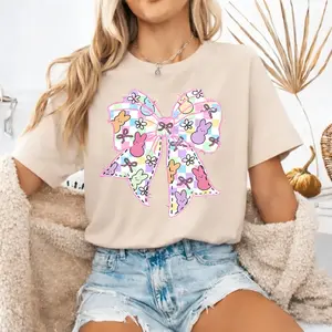 Pastel Gingham Bunny Bow T-shirt, Preppy Checkered Rabbit Graphic Top Y2K Aesthetic Shirt, Cottagecore Pastel Bow Tee, Coquette Pink Frayed Bow Tshirt
