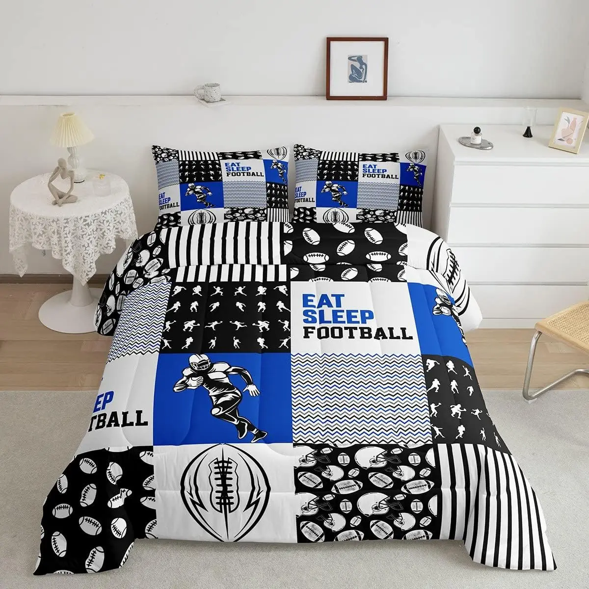 Feelyou Kids Football Themed Bedding Comforter Set - Multi-Size Black-Blue Patchwork Striped Fabric Duvet Insert with Decorative Stitching, Eat Sleep Football Design, Travel-Friendly, Cozy, Easy-Care Bedroom Bedding, Black Printed Duvets & Sets, Stripes,