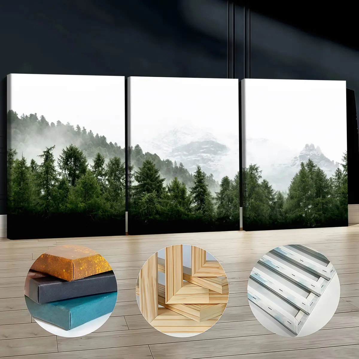3Pcs Wooden-Framed Canvas Painting Set - Artistic Misty Mountain Forest Landscape Exquisite Print, Odorless Home Decor Artwork Decoration for Living Room, Bedroom, Carton-Packaged Posters & Prints