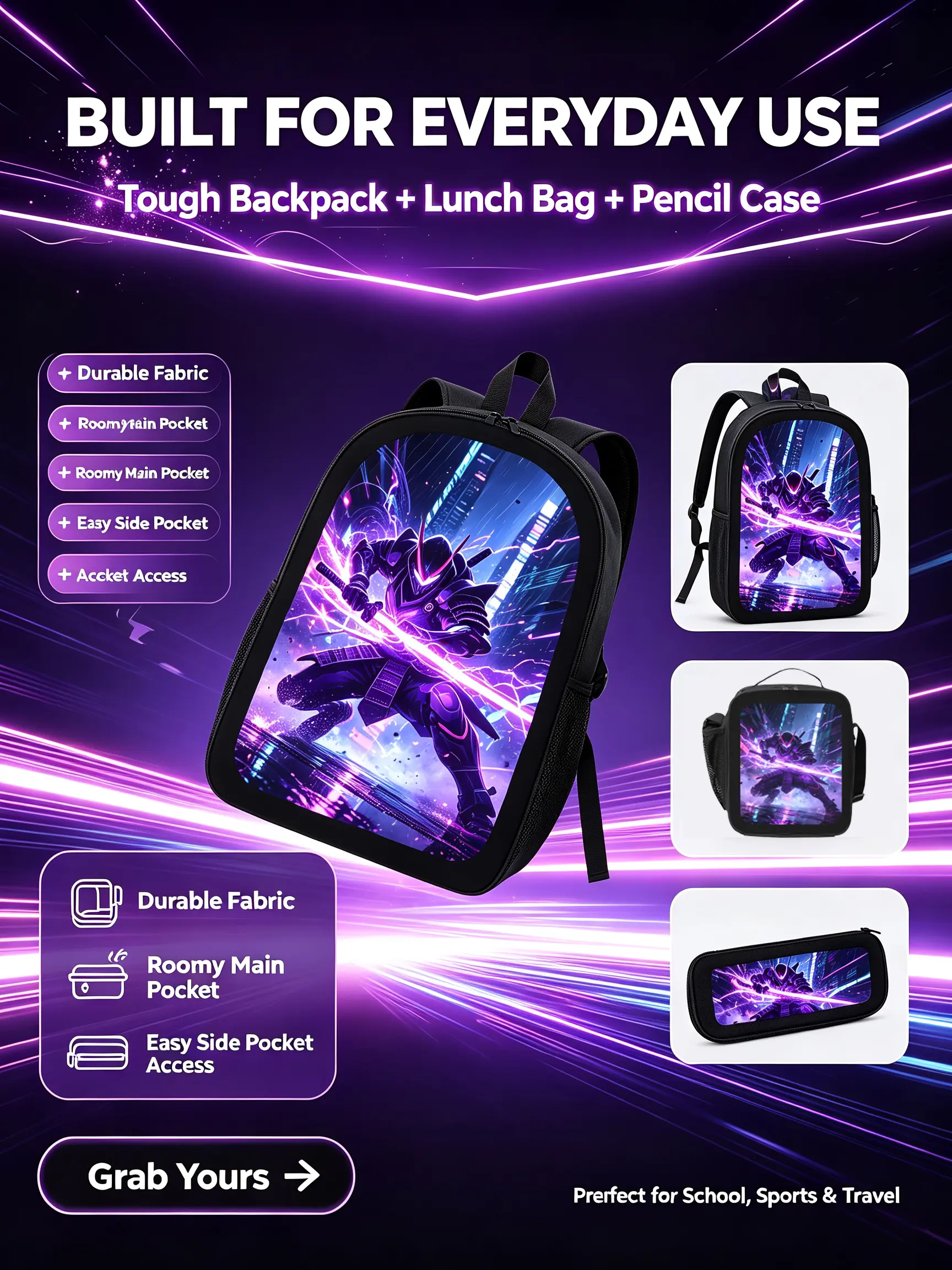 Cyberpunk Samurai Backpack Set for Teens Boys - 3-in-1 School Bag, Lunch Box & Pencil Case with Neon Gaming Design