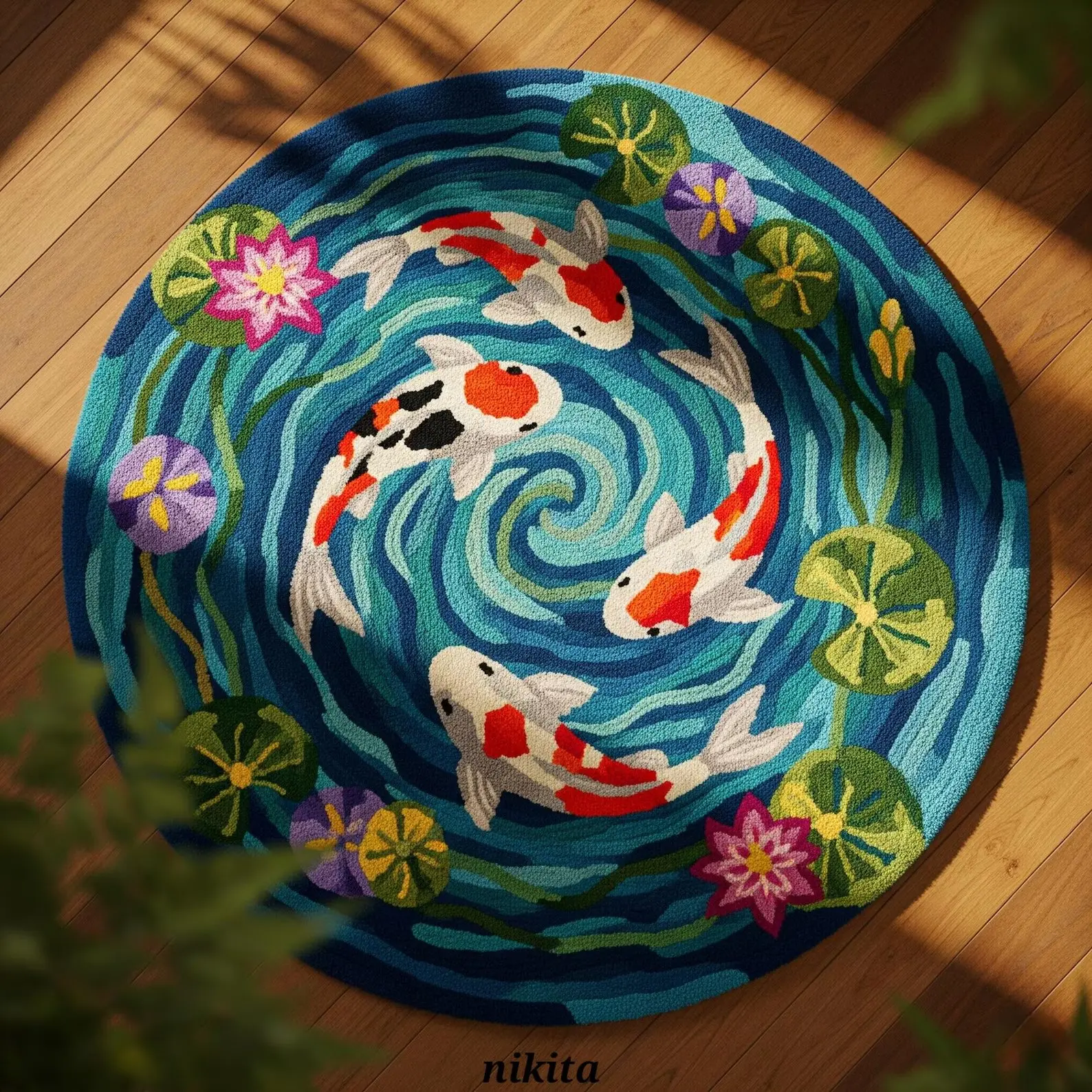 New Oriental Koi Fish Round Carpet, Artistic Home Decor Polyester Rug, Decorative Area Rug, Multi-Size Floor Mat, Floor Rugs for Living Room Bedroom Dining Room, Holiday Gift Choice