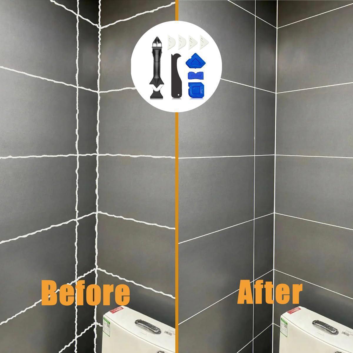 Caulking Tools Kits 9pcs in Pack, 3in1 Silicone+Stainless Steelhead,Sealant Finishing Tool Grout Scraper,Reuse and Replace 5 Silicone Pads,Great Tools for Kitchen Bathroom Window,Sink Joint