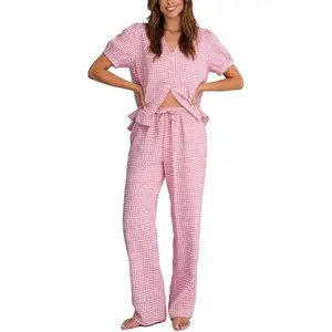 COZYPOIN Womens Plaid 2 Piece Pajamas Sets Cotton Gingham Short Sleeve Button Down Ruffled Shirt and Pants Pjs Lounge Sets