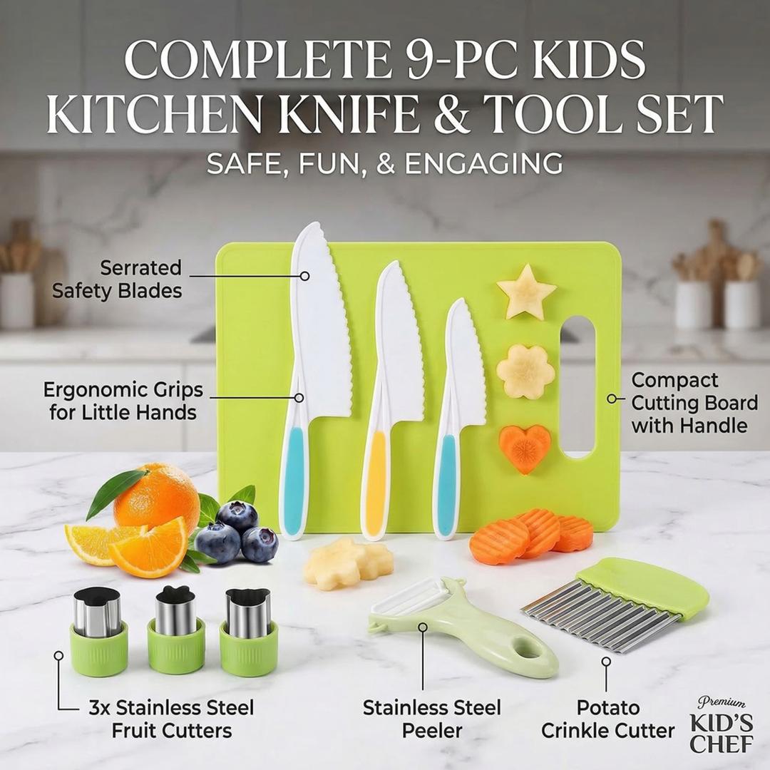 9 Pcs Montessori Kitchen Tools for Kids, Toddler Knife Set with Cutting Board, Peeler, Crinkle Cutter & Cookie Cutters, Safe Plastic Knives for Real Cooking & Baking