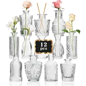Small Clear Bud Vases Bulk 12 Pack Mini Flower Glass Vases for Centerpiece Table Wedding Decorations Home Decor Party(Transparent)