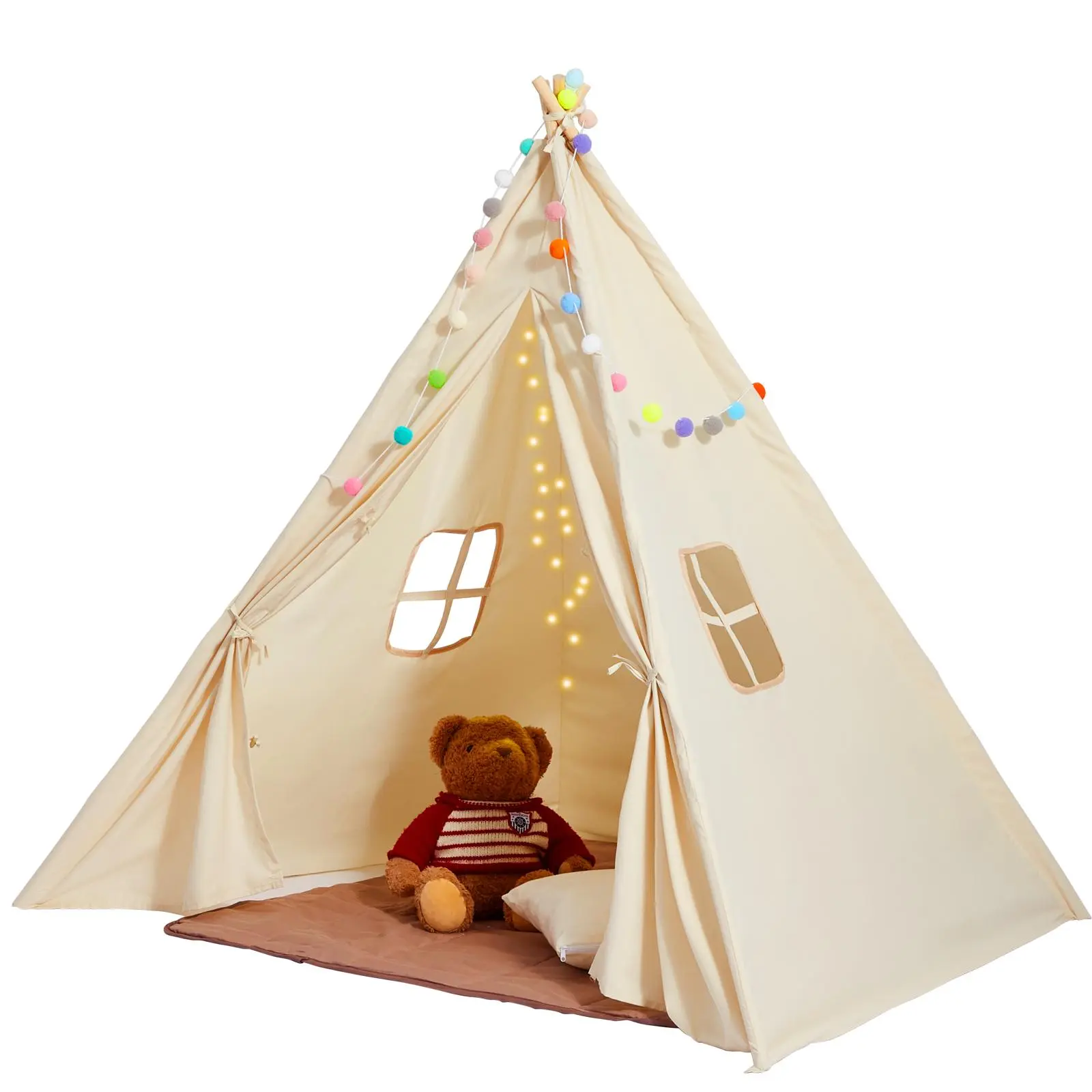 【SummerFinds】VEVOR Kids Play Tent,  Teepee Tent for Kids 1-5 Years Old, Tent for Kids with Windows for Indoor and Outdoor, Toddler Tent with Mat and Plush Decorative Balls, for Boys and Girls, Beige