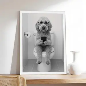 Goldendoodle on Toilet _ Dog Trendy, Pet & Animal Canvas Print, Minimalist & Neutral-Style Poster, Bedroom Aesthetic Wall Decor.