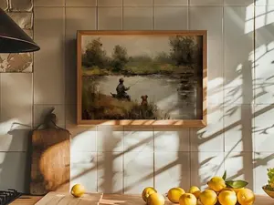 Vintage Boy Fishing Wall Art, Nursery Decor, Boys Room Wall Art, Peaceful Lake Scene with Dog - (Unframe)