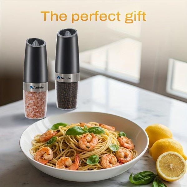 Electric Salt and Pepper Grinder Set 2 Pack – Automatic Gravity Sensor, Adjustable Coarseness, LED Light, One Hand Operation, Kitchen Spice Grinders