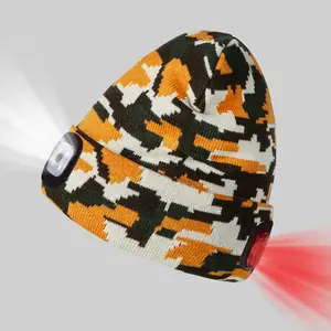 Sese Code Store LED Beanie Hat - Camo & Solid Styles with Hands-Free Lighted Knit Cap for Hiking Camping Night Walks in Black Gray Pink Green Camo Orange Camo