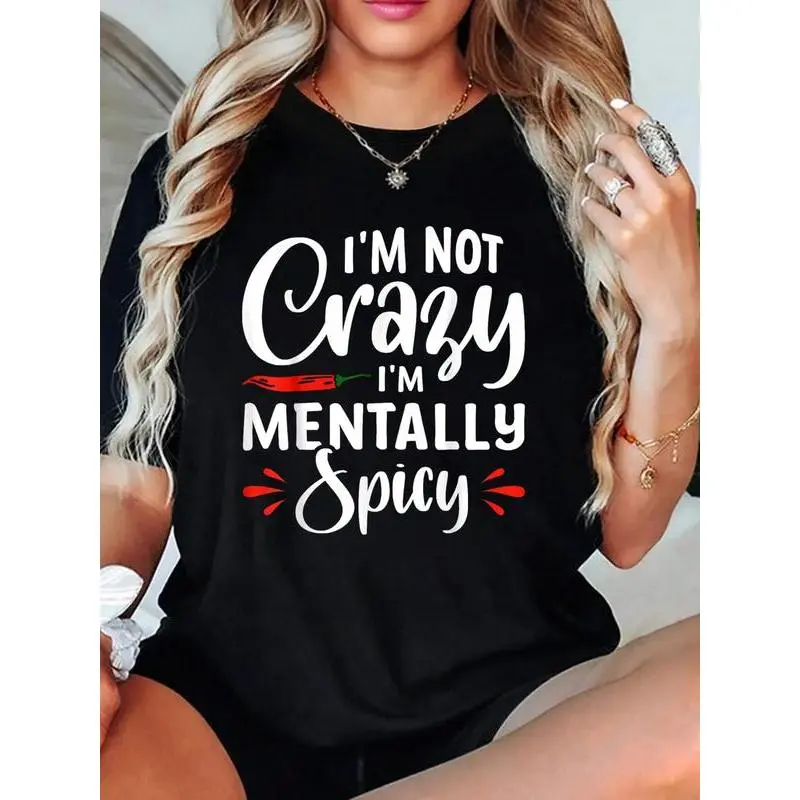 Women's 'Mentally Spicy' Oversized Graphic Sports Top - Short Sleeve Crew Neck, Breathable Cotton Fabric, Relaxed Fit, Casual Style, 1-Piece Sportswear, Shortsleeve, Machine Wash, Round Neck, Tshirt, Casual Wear, Streetwear