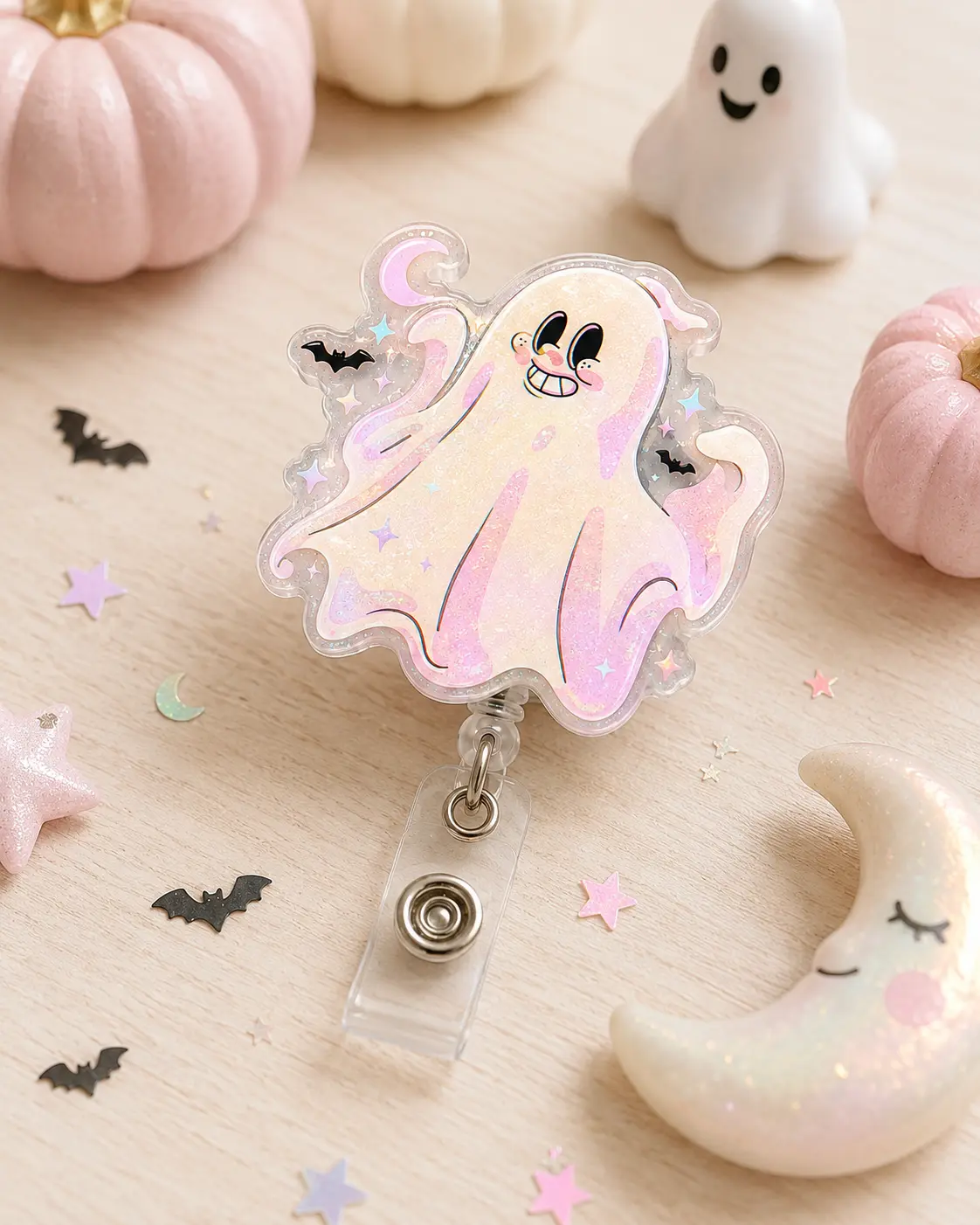 2.6 in Pink Glitter Ghost Badge Reel - Acrylic Retractable Clip ID Badge Holder, Cute Funny Option for Nurses and Teachers