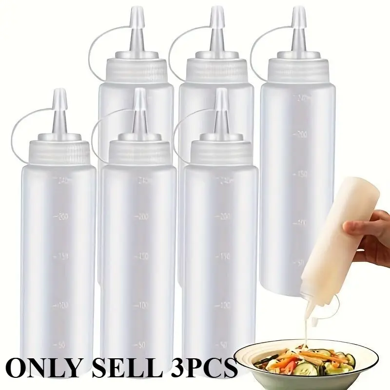 3pcs 240ml/8oz Condiment Squeeze Bottle, Plastic Cap and Measuring Twist Squeeze Bottle, Container Dispenser Syrup Dispenser Ketchup Mustard Barbecue Sauce Salad Dressing Olive Oil Bottles Kitchenware for Restaurants Eid Al-Adha Mubarak