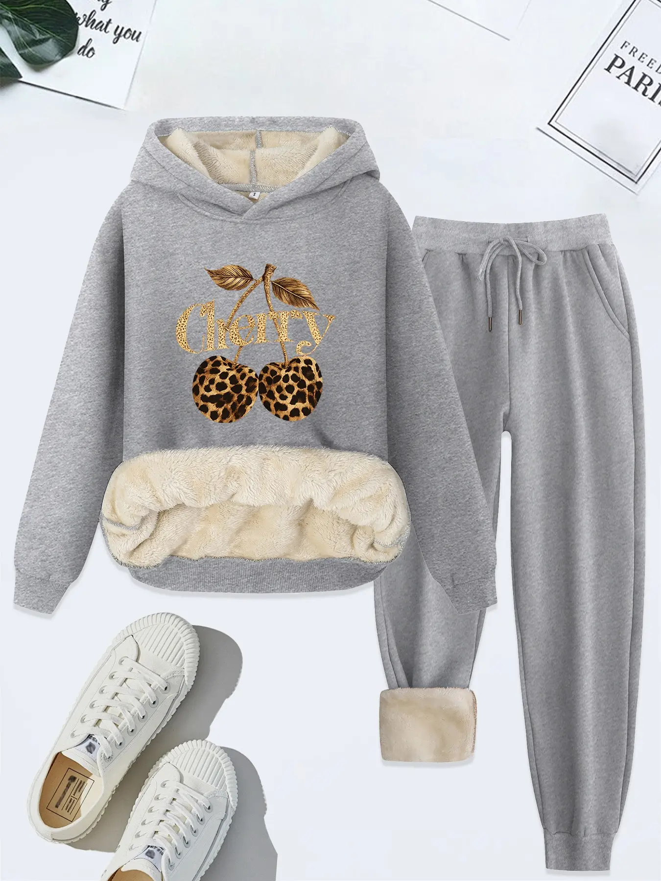 Women's Leopard Cherry Letter Print Hoodie Set, Casual Loose Fit Two-Piece, Fall & Winter Fashion Pants Suit