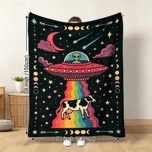 1pc Vintage Occult, Alien, UFO, Abducted Cow, Rainbow Light, Sun And Moon Pattern Soft Plush Blanket, Warm And Cozy For All Seasons, Suitable For Living Room, Sofa, Lounge Chair, And Bedroom, Great For Travel, Camping Or Gift