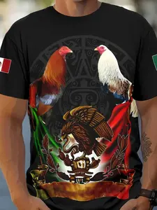 Men's Summer Casual Streetwear Menswear Cultural Pattern T-shirt, Sports Long Sleeve Top, Fashionable Ethnic Tribe Design, Comfortable Football Suit for All Seasons in Mexico, Clothes