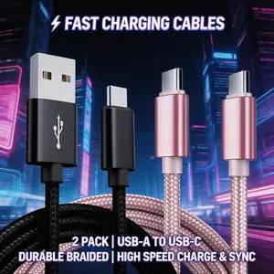Betreasure 2-pack Mixed Set Braided Nylon USB A+USB C Fast Charging Data Cable, High Quality, Data Transfer, for IPhone 17/16/15, Xiaomi, Huawei, Samsung, OnePlus, Vivo, OPPO, Infinix and More Devices Charging Cables