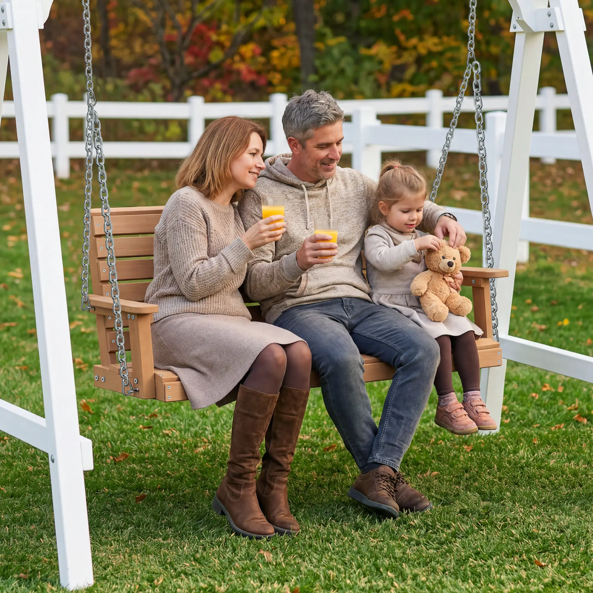 HDPE 2-Seat Hanging Porch Swing, 360 LBS Patio Swing Chair for Outdoor | Wood-Look Construction, Weather Resistant & Fade Resistant, Ergonomic Comfort, Adjustable Hanging Chains, Low Maintenance