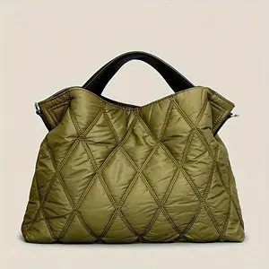 Trendy Puffer Quilted Tote Bag, Rhombus Nylon Shoulder Bag, Soft Padded Handbag For Women
