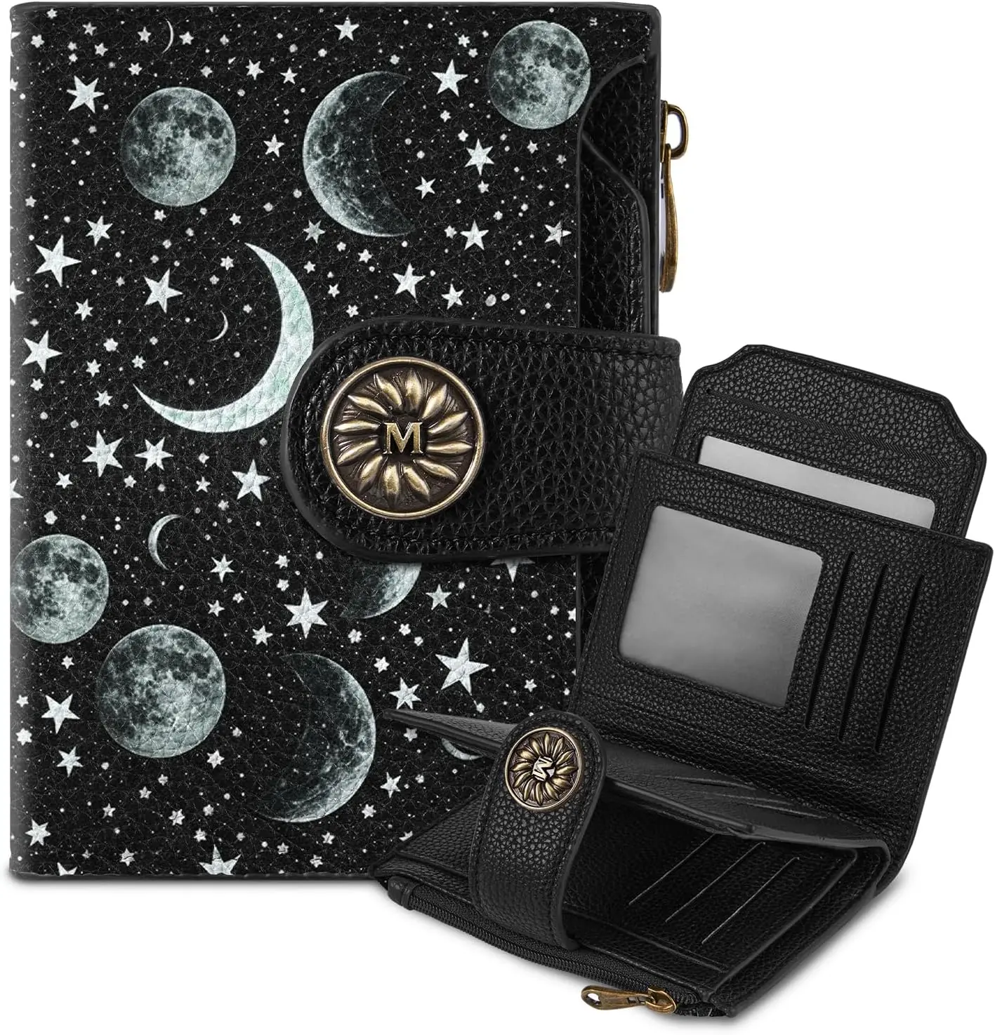 Women's Celestial Moon Bifold Wallet, Cute PU Leather RFID Blocking Purse, Compact Card Holder with 14 Slots, 4 ID Windows & Zipper Pocket for Teen Girls, Wallets For Women, Zippered, Moon Phases, Rfid Blocker, Bifold/Trifold Wallet, Zip Closure