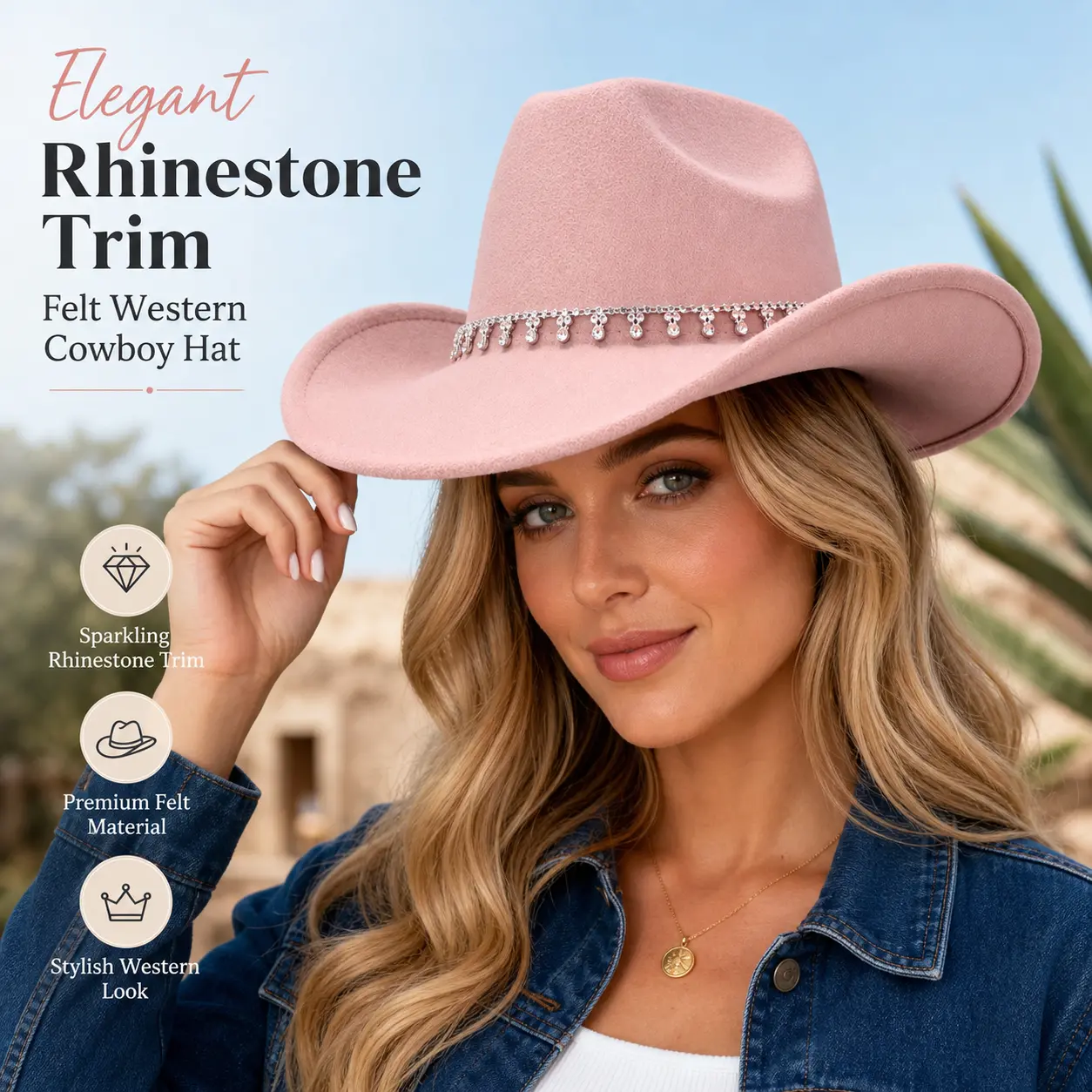 Elegant Rhinestone Trim Felt Western Cowboy Hat Wide Curved Brim Lightweight Cowgirl Cap For Festival Club Photo Props