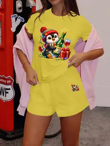 Women's Summer Casual Set, Round Neck Short Sleeve Top & Shorts, Penguin Print Design, Comfortable Fit for Daily Wear