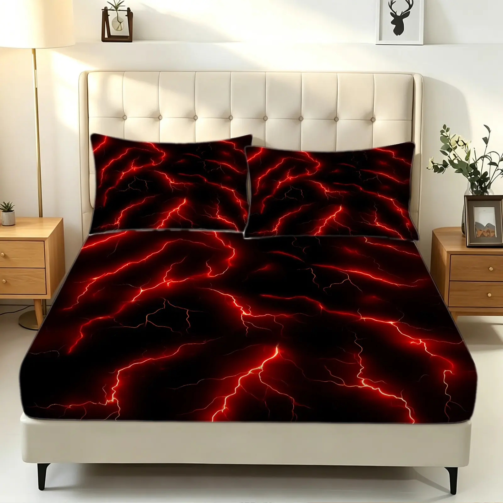 3Pcs Red Lightning Print Fitted Sheet Set, Bedding Sheets, Black Red Thunderstorm Bed Sheet Bedding Set with Pillowcases, No Fillers, Abstract Pattern, Soft Deep Pocket Microfiber, Modern Gothic Style Bedsheet Sets for Teens & Boys Bedroom Decor