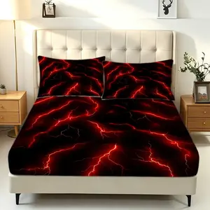 3Pcs Red Lightning Print Fitted Sheet Set, Black Red Thunderstorm Bed Sheet Bedding Set with Pillowcases, No Fillers, Cool Abstract Pattern, Soft Deep Pocket Microfiber, Modern Gothic Style Decorative Bedsheet Sets for Teens & Boys Bedroom Decor