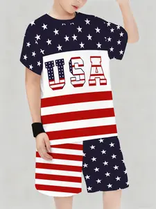 American Flag Vibrant Print Kids Short Sleeve Set, Unisex Fashion Patriotic Style, Festival Performance Essential, Breathable Fabric