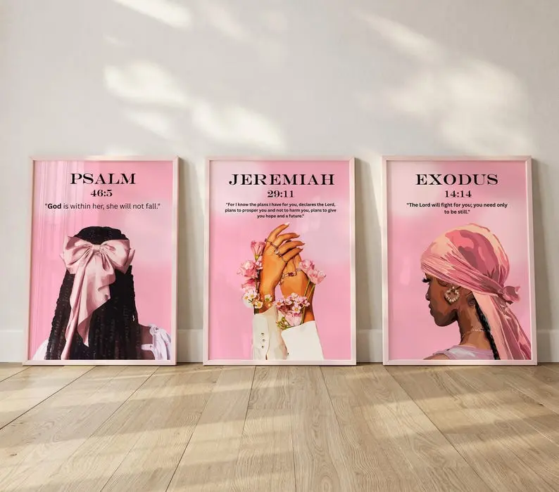 Set of 3 Pink Scripture Print for Black Girl, Bible Verse Wall Art, Girl Room Decor, Modern Christian Wall Print, Pink Art Unframed Painting Illustrations