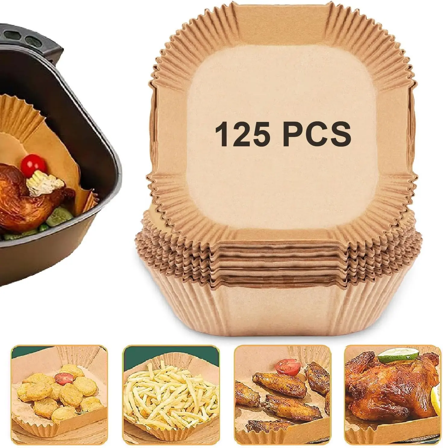 125Pcs 8in Square Disposable Air Fryer Liners for 5-8QT, Unbleached Food-Grade Parchment Paper - Non-Stick, Waterproof, Oilproof for Airfryer, Oven, Baking