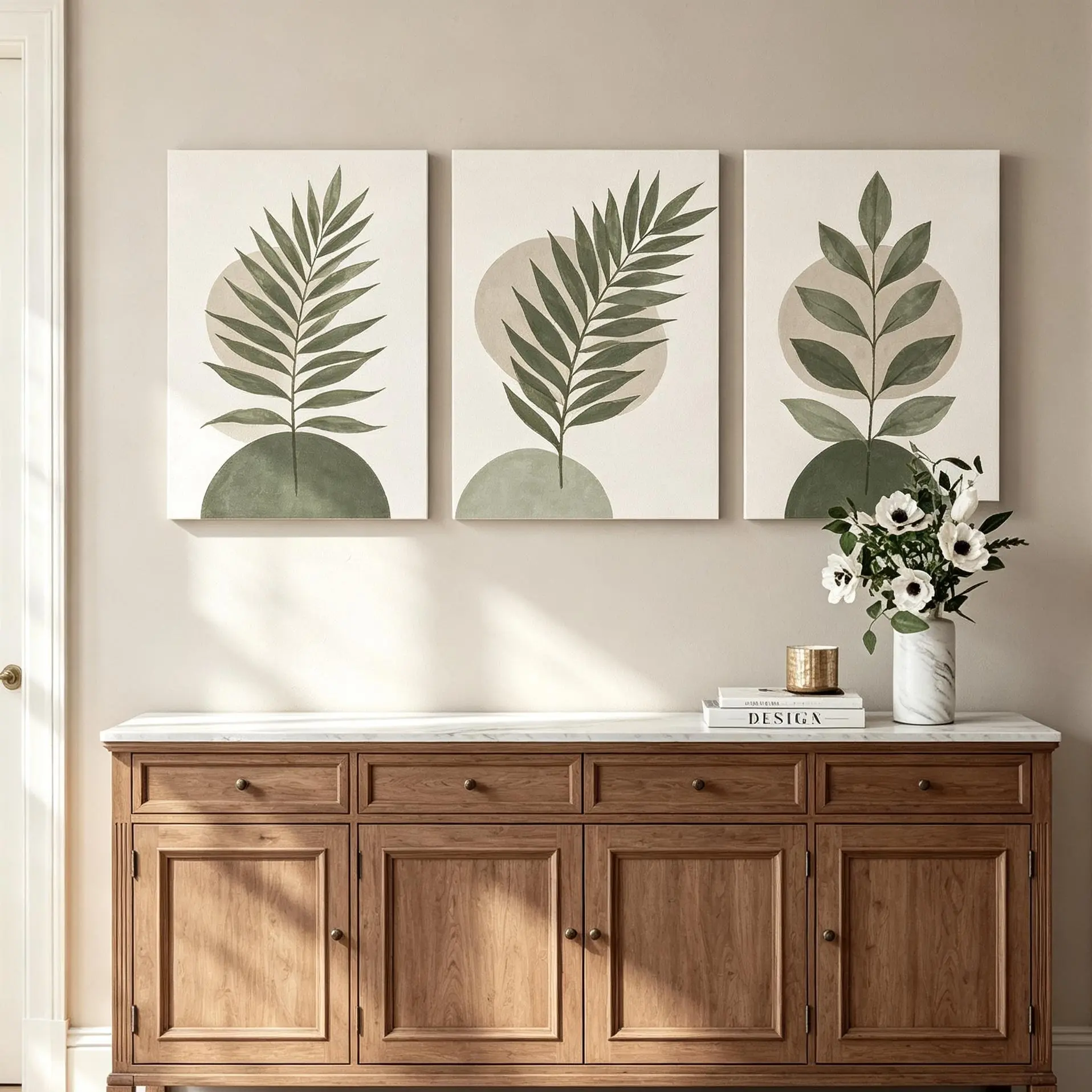 Sage Green Boho Wall Art Set of 3, Minimalist Framed Wall Art Geometric Line Leaf Sun Moon Beige Green Canvas Artwork Paintings, Abstract Botanical Boho Room Decor, Office, Neutral Mid Century Wall Set, Modern Arch Line Print, Calm Botanical Home Gift