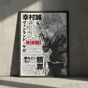 Vinland Saga Japanese Newspaper Style Wall Art, Manga Poster, Thorfinn Holding Sword Prints, Viking Anime Decor Not Included Frame