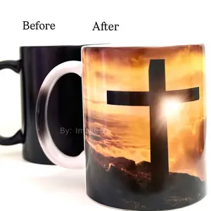 Biblical Heat Color Changing Mug 11 oz Ceramic with Handle - Before & After Design Featuring Cross and Sunset Scene