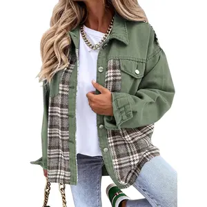 Womens Oversized Denim Jacket Casual Long Sleeve Button Down Plaid Shacket Boyfriend Jean Jacket With PocketsGift