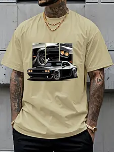 Men's Round Neck Short Sleeve T-Shirt Summer Vintage Dodge Challenger Muscle Car Print American Streetwear Loose Fit Top