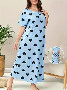 Plus Size Women Nightgown, Soft Elegant Stylish Heart Print Blue Crew Neck Loose Casual Minimalist Long Dress
