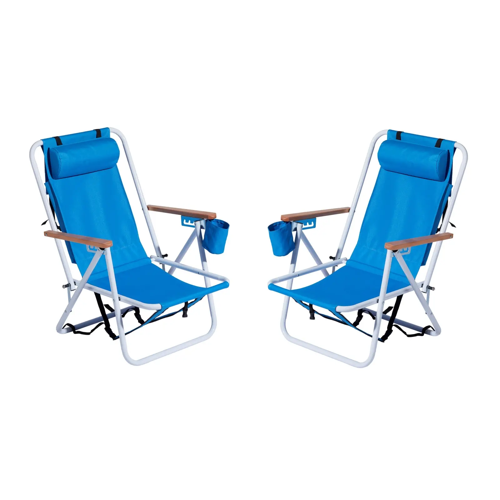 Set of 2 Folding Beach Chairs, 4-Position Recline Portable Backpack Camping Chairs with Headrest, Cup Holder, Wooden Armrests, 265lb Capacity for Adults, Blue, Beach Chair