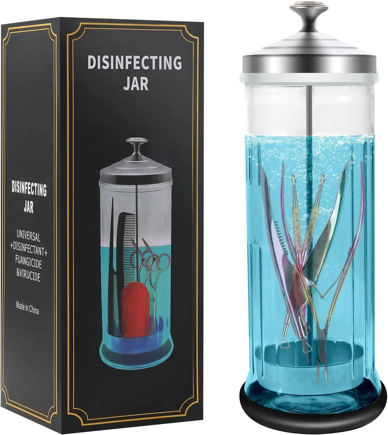 42.3 Oz (1250 ml) Glass Barbicide Disinfectant Jar with Anti-Slip Pad, Removable Straining Tray for Nail Tools, Barber Shop Implements