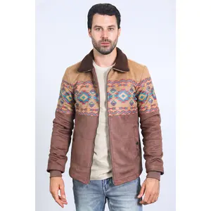 Mens Ethnic Aztec Fur Lined Quilted Suede Brown Jacket