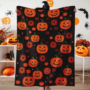 1pc Halloween Terrifying Pumpkin Lantern Orchid Fleece Blanket, Comfortable, Soft, Thick, Warm Nap Envelope Cover Blanket, Multi purpose Blanket, Suitable for Sofa, Bed, Car, Room, Office, Camping, Exquisite Halloween Gift Blanket