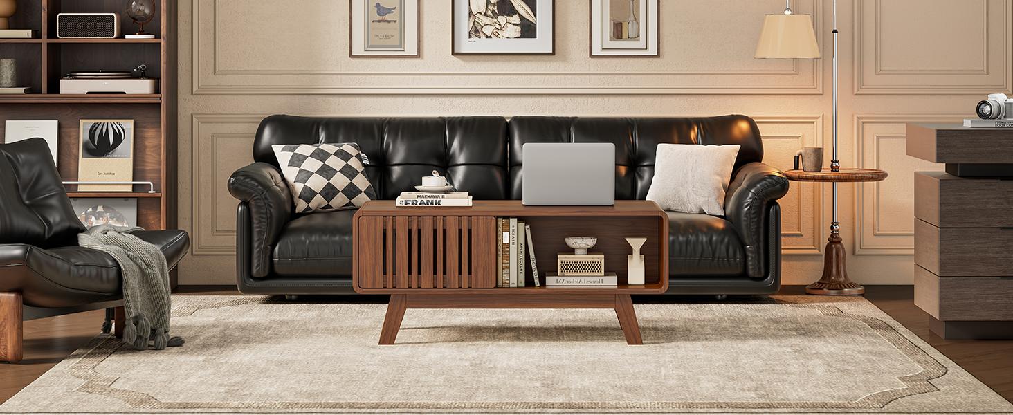 【SPOTLIGHT DAY】ONBRILL Coffee Table, Mid Century Modern Table with Storage Compartment, Fluted Table with Sliding Cabinet Door, Farmhouse Wood Coffee Table for Living Room