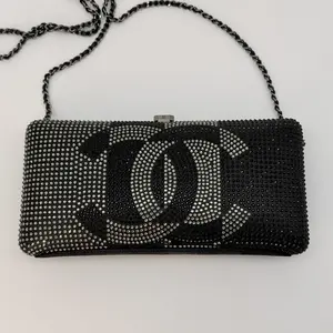 Pre-owned CHANEL satin Crossbody Bags Black And White Strass Beaded CC Minaudiere Clutch