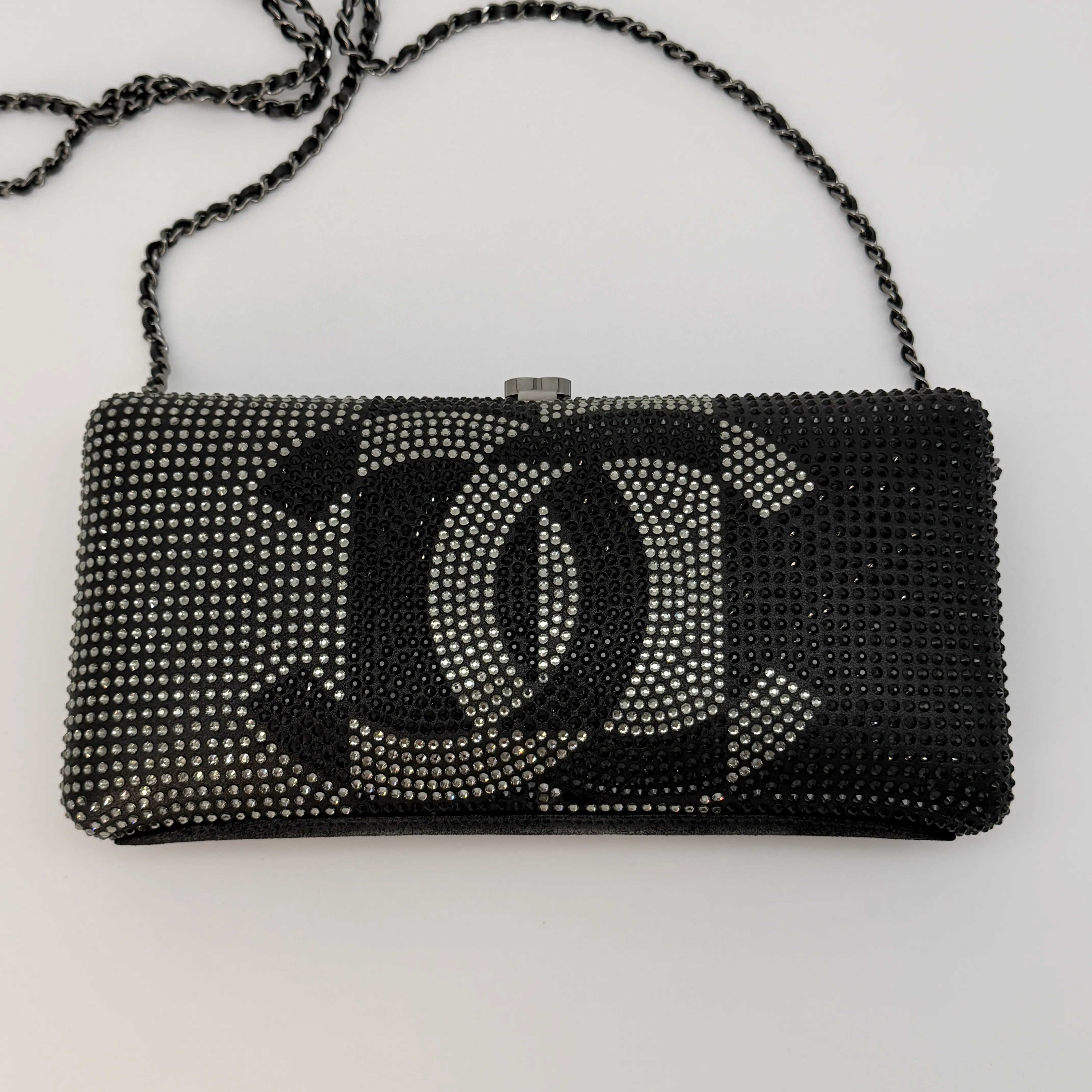 Pre-owned CHANEL satin Crossbody Bags Black And White Strass Beaded CC Minaudiere Clutch