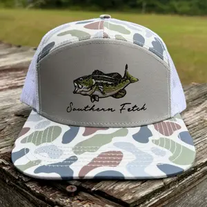 SF Largemouth Bass 7 Panel Trucker Hat, Embroidered Bass Fishing Snapback Cap, Camo Flat Bill Mesh Back Lake Life Hat, Gift for Fishermen & Anglers