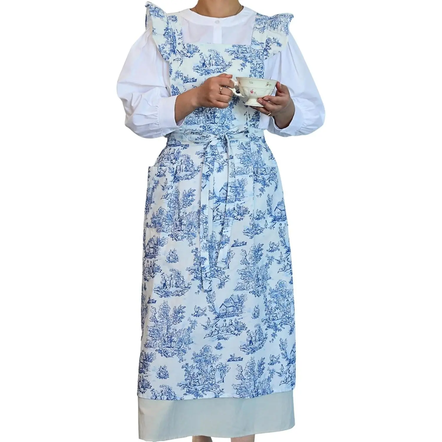 Cross Back Apron for Women with Pockets - Water Repellent 100% Cotton Ruffle Aprons - Cute Pinafore Kitchen Apron